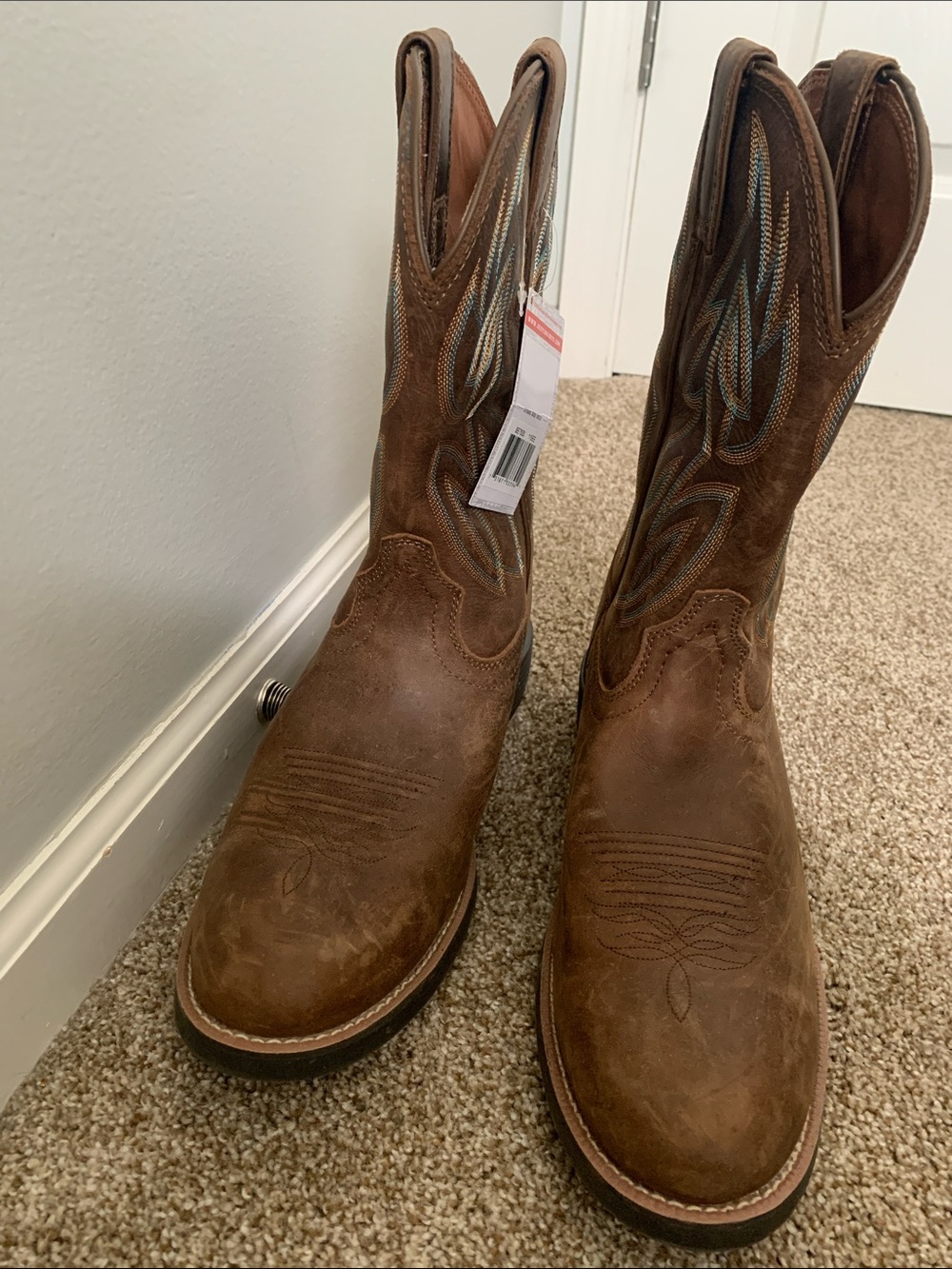 Men's size 11.5 EE Brown Leather Cowboy Boots with Embroidered Shaft - Picture 3 of 6